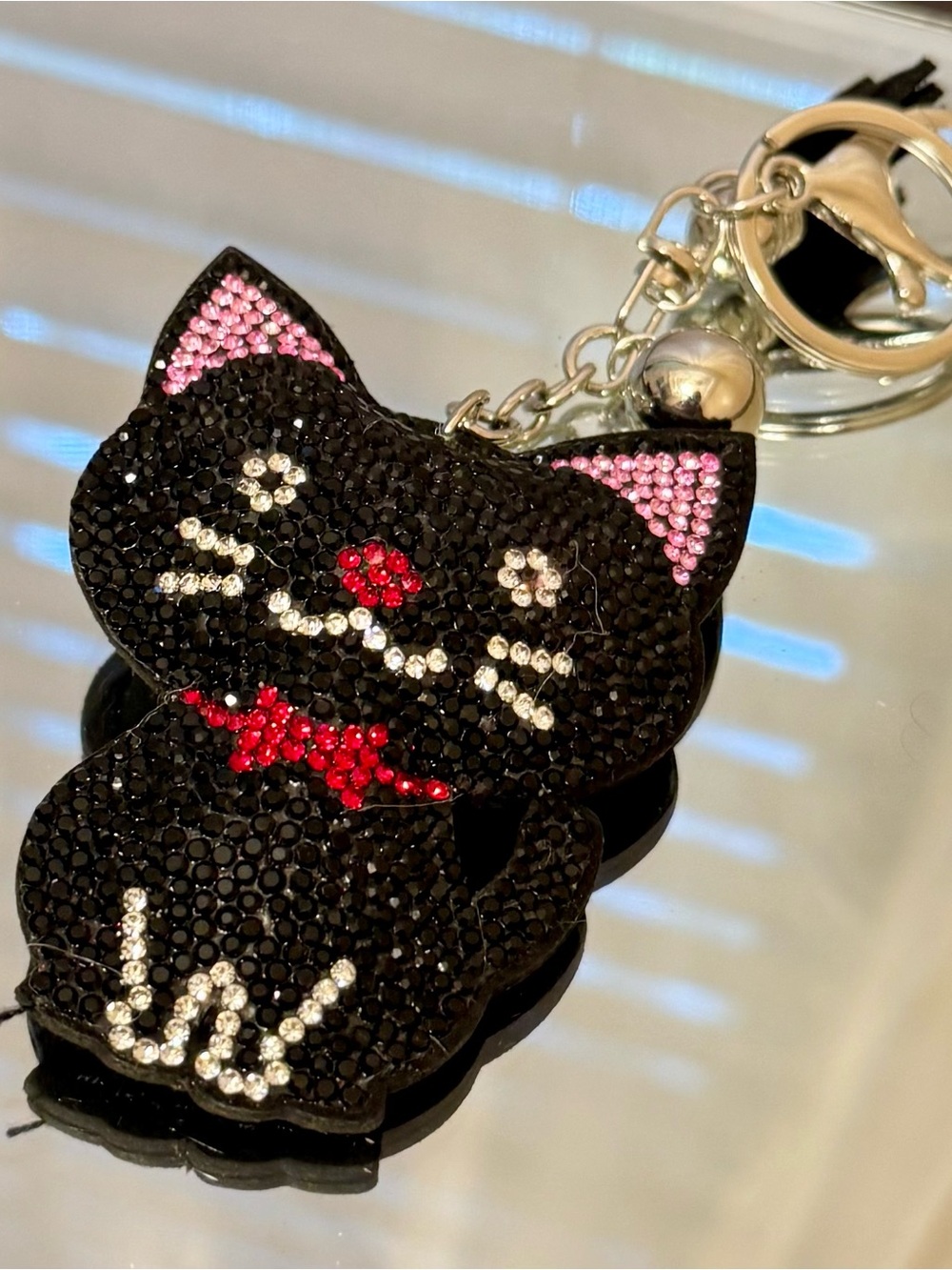 New Black Crystal Cat Keychain with Pink and Red Accents